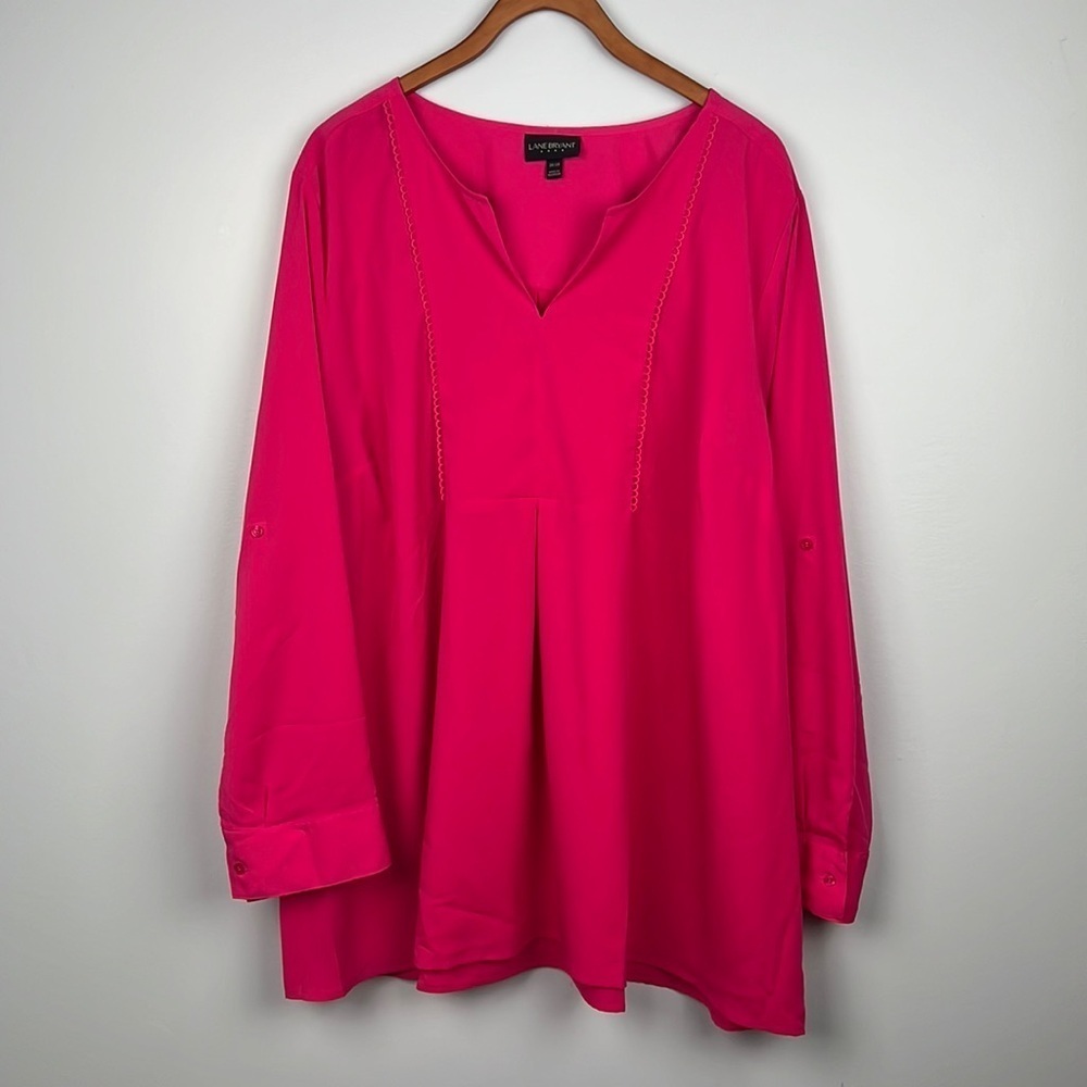 Lane Bryant 26/28 bright pink roll tab sleeve plus size blouse